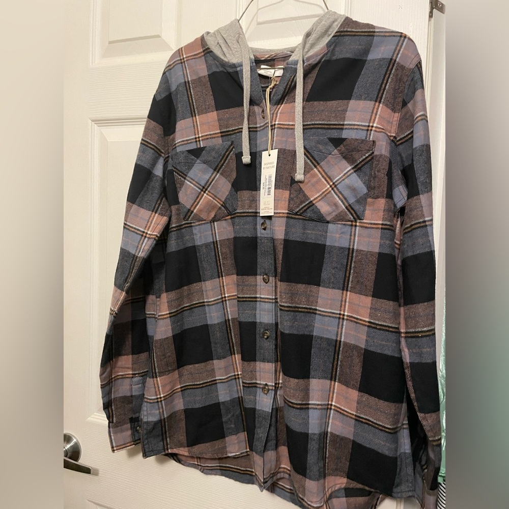 Natural Reflections Multicolor Plaid Hooded Shirt
